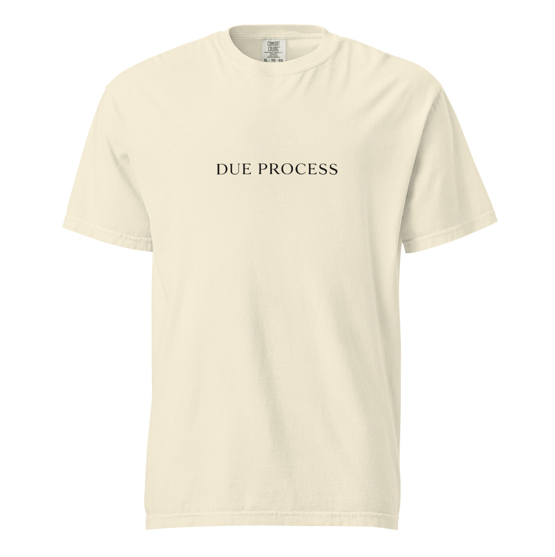 Cream Due Process t-shirt with refined serif logo, minimalist luxury ethical apparel